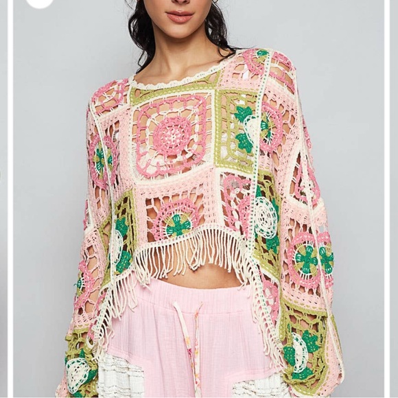 POL Tops - POL Crochet Mosaic Fringe Pullover - Pink, Green, Cream